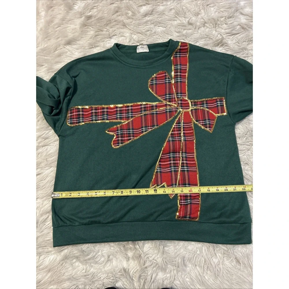 Bibi Green Red Plaid Ribbon Crewneck Pullover Christmas Gold Sequin Holiday Sz S - Picture 12 of 12